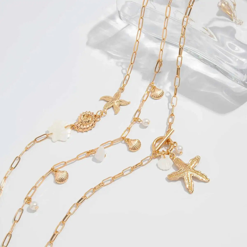 PuRui Trendy Exquisite Round Imitation Pearl Necklace for Women Conch Starfish Pendant 3Pcs/Set Metal Clavicle Chain Jewelry