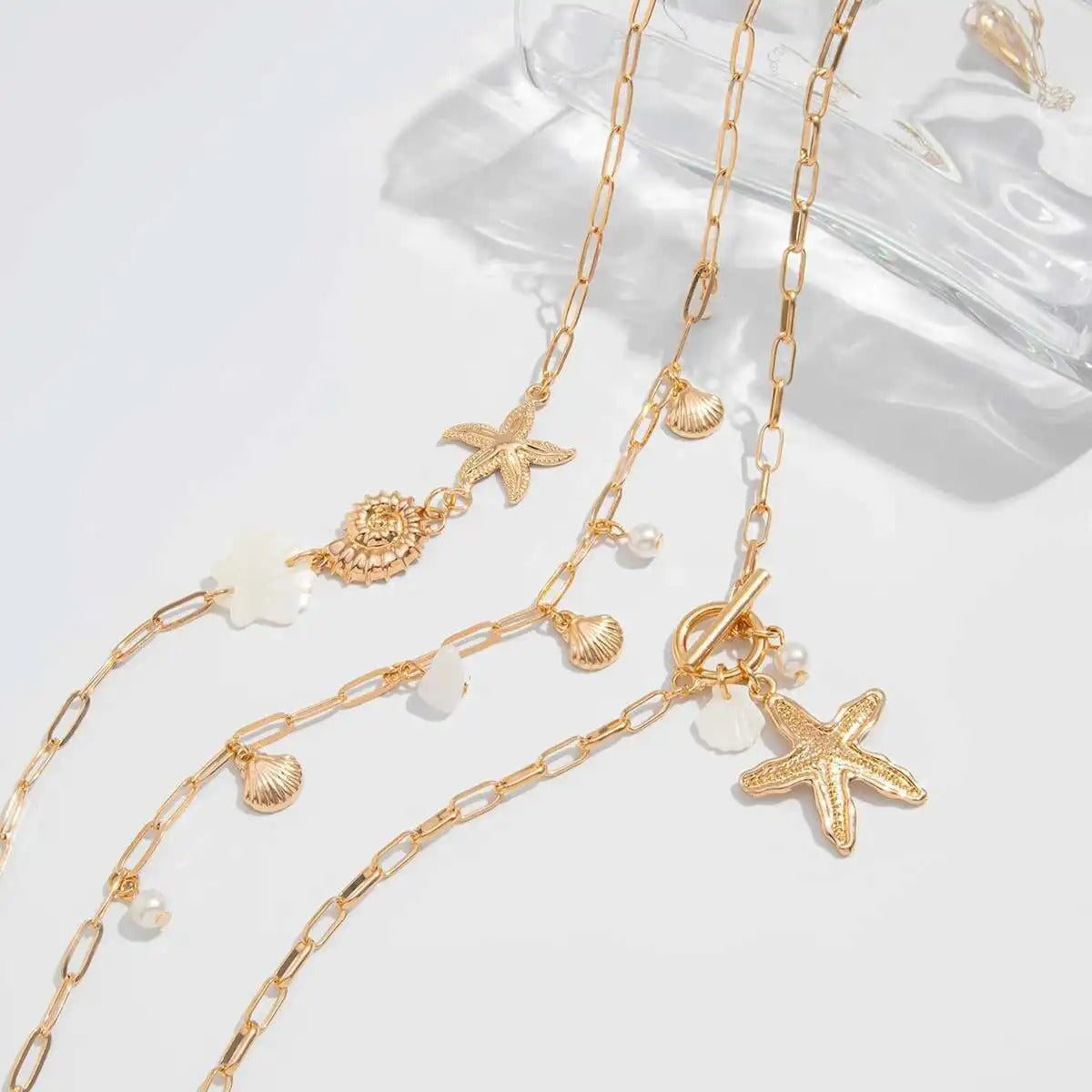 PuRui Trendy Exquisite Round Imitation Pearl Necklace for Women Conch Starfish Pendant 3Pcs/Set Metal Clavicle Chain Jewelry