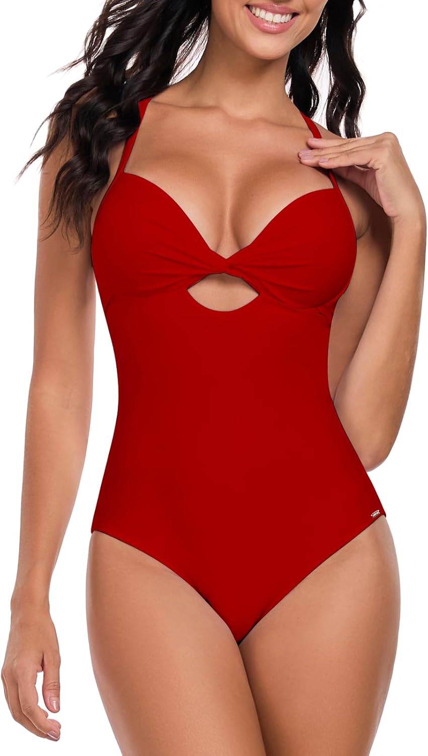 Women’s Push Up One Piece Swimsuit Twist Front Cutout Adjustable Straps Swimwear