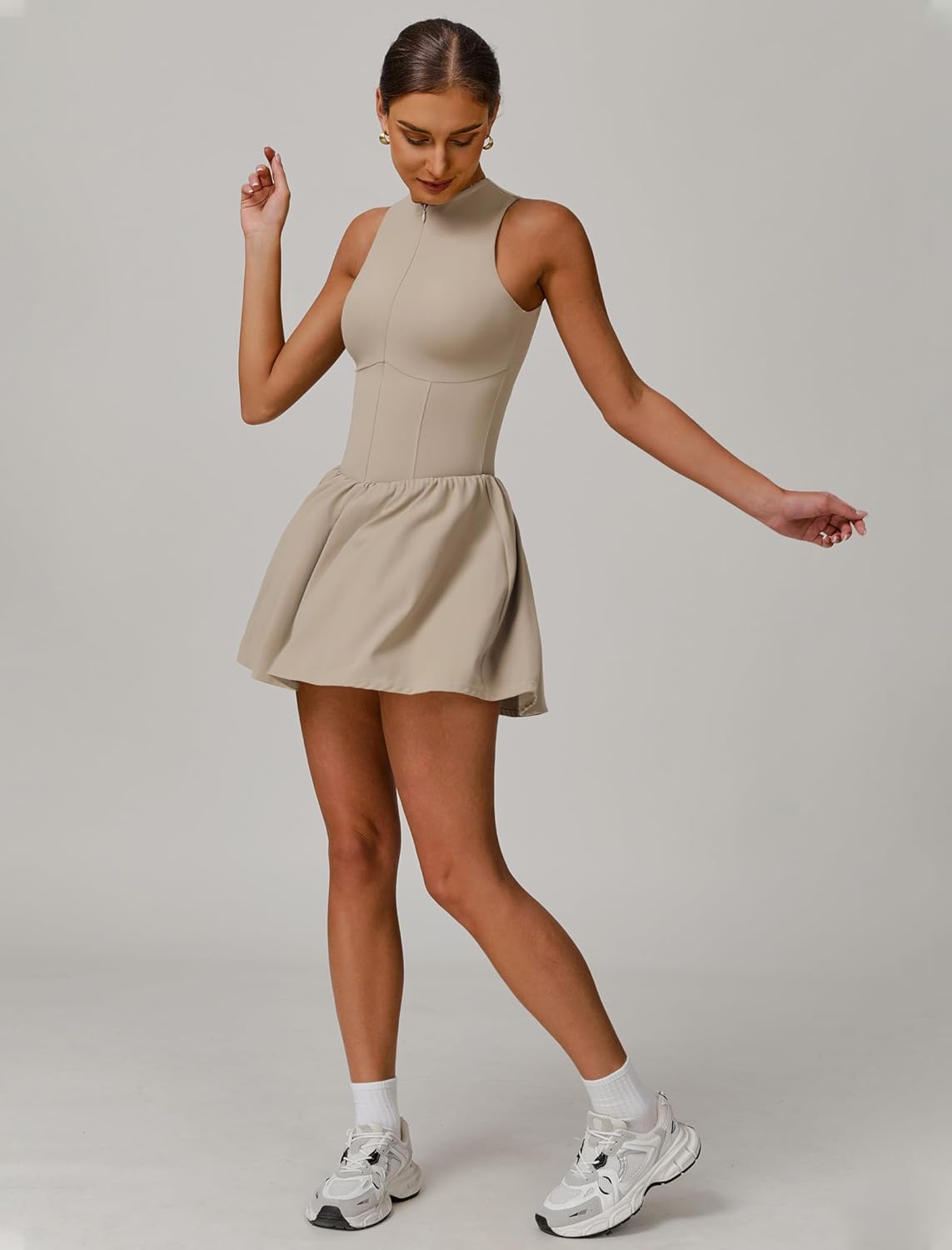 Womens Tennis Golf Dress with Built-in Bra Shorts Zipper Slim Fit A-line Hem Skirt Athletic Dresses with Pockets