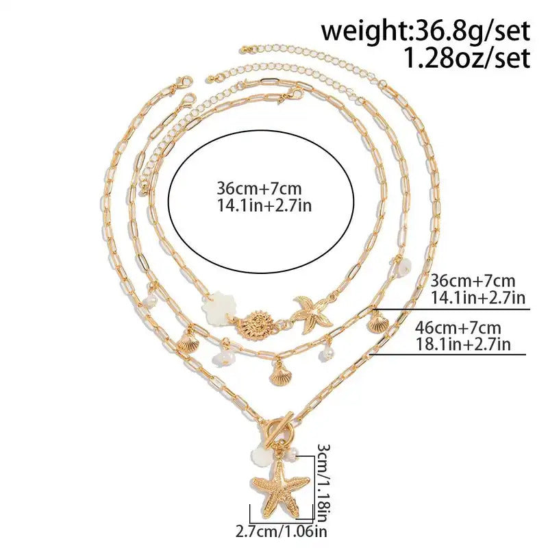 PuRui Trendy Exquisite Round Imitation Pearl Necklace for Women Conch Starfish Pendant 3Pcs/Set Metal Clavicle Chain Jewelry
