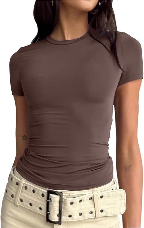 Women’s Basic Slim fit Crop Top Tee Shirt Short Sleeve Workout Round Neck Cropped Tshirt