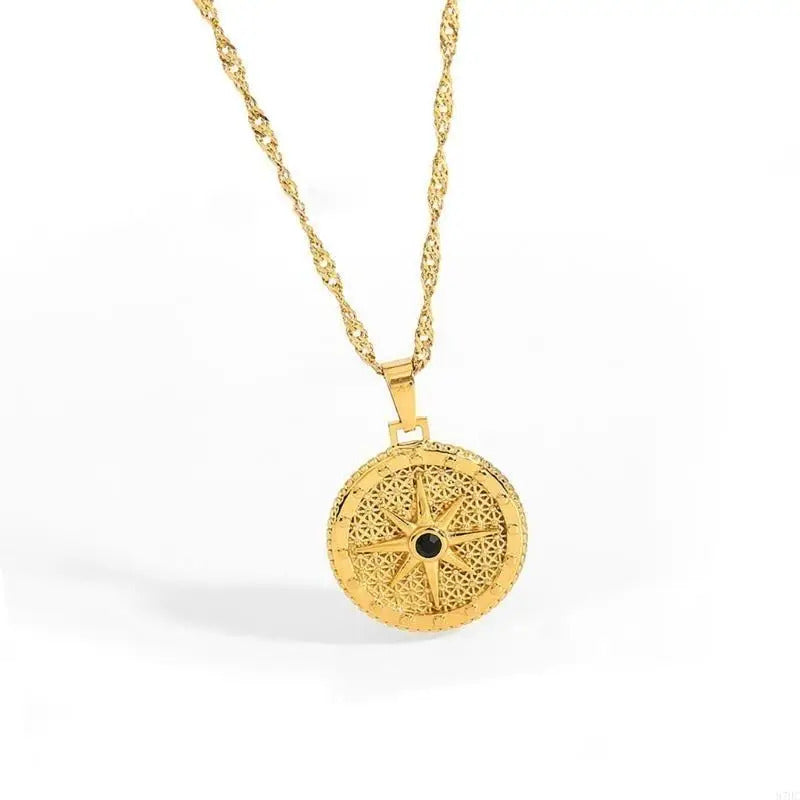 87HC Vintage Pendant Necklace Stainless Steel Neckchain with Cubic Zirconia