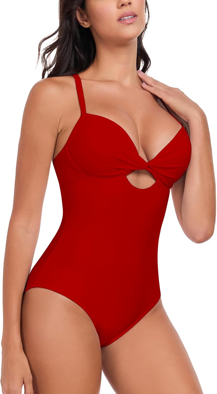 Women’s Push Up One Piece Swimsuit Twist Front Cutout Adjustable Straps Swimwear