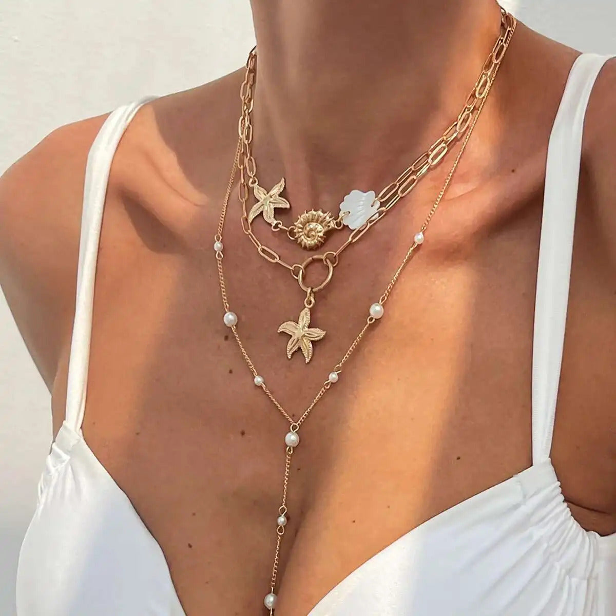PuRui Trendy Exquisite Round Imitation Pearl Necklace for Women Conch Starfish Pendant 3Pcs/Set Metal Clavicle Chain Jewelry