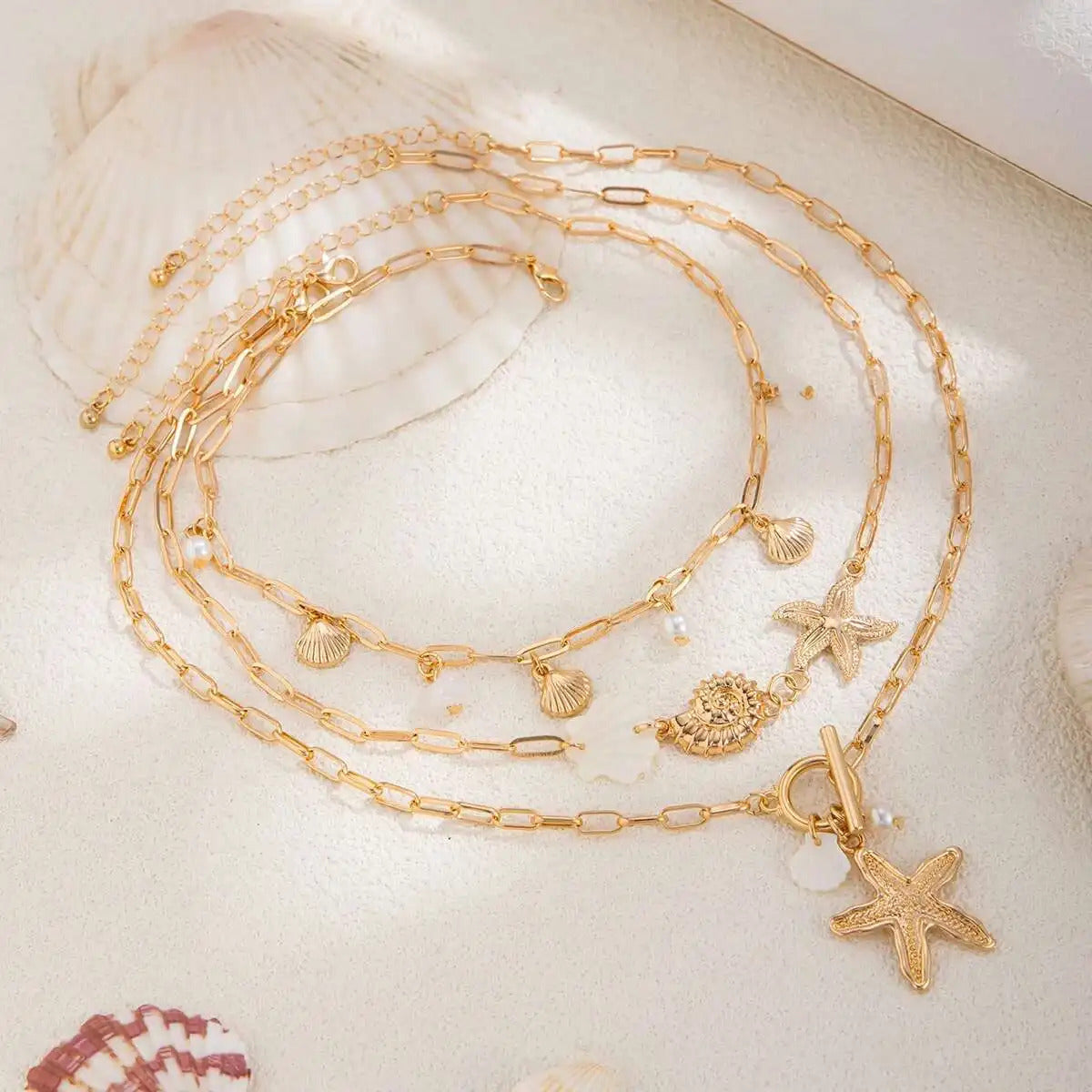 PuRui Trendy Exquisite Round Imitation Pearl Necklace for Women Conch Starfish Pendant 3Pcs/Set Metal Clavicle Chain Jewelry