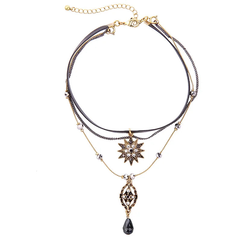 Women Necklace Multi 3 Layer Gothic PU Leather Choker Vintage Chain Metal Stone Star Cross Drop Pendant Lady Separated Necklaces