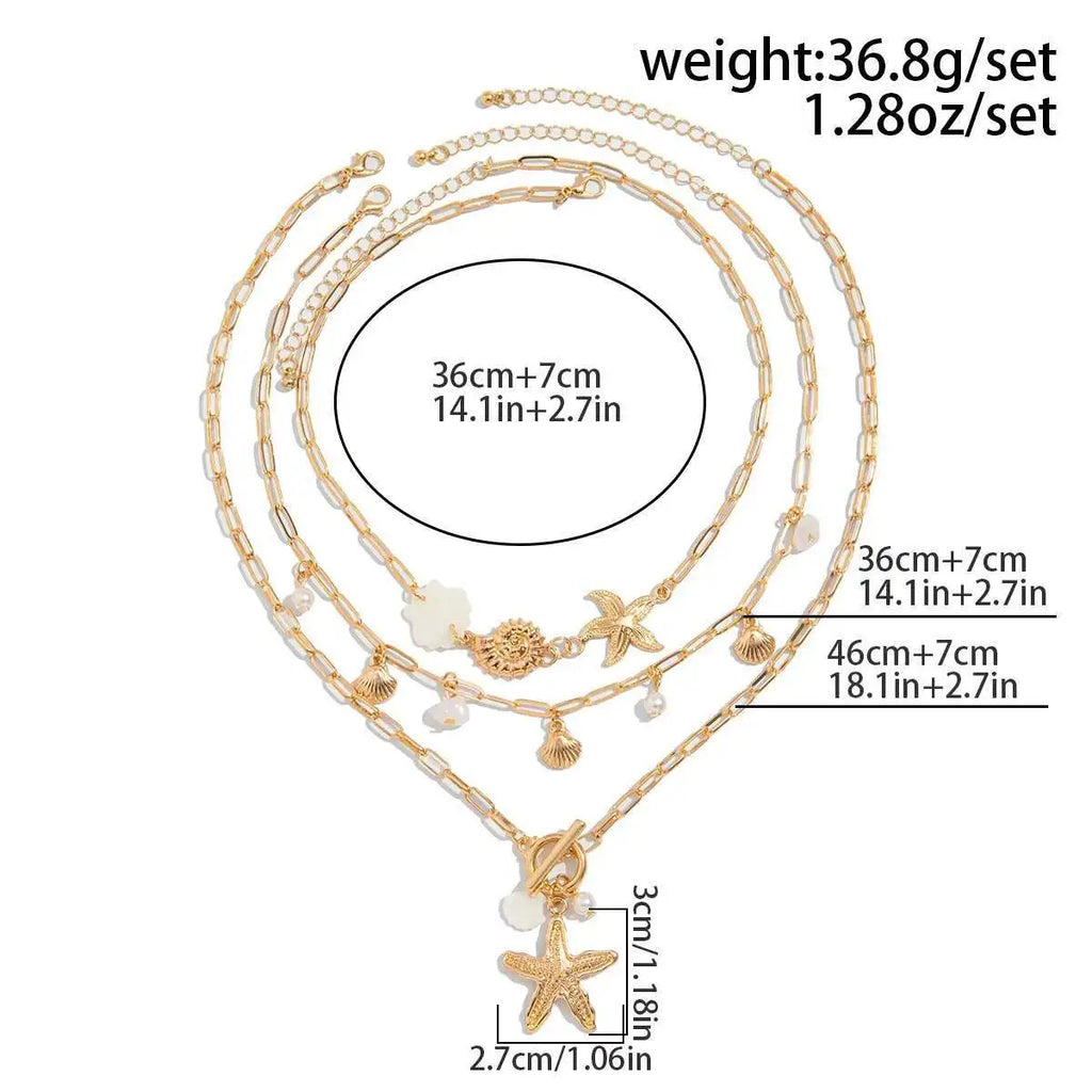 PuRui Trendy Exquisite Round Imitation Pearl Necklace for Women Conch Starfish Pendant 3Pcs/Set Metal Clavicle Chain Jewelry