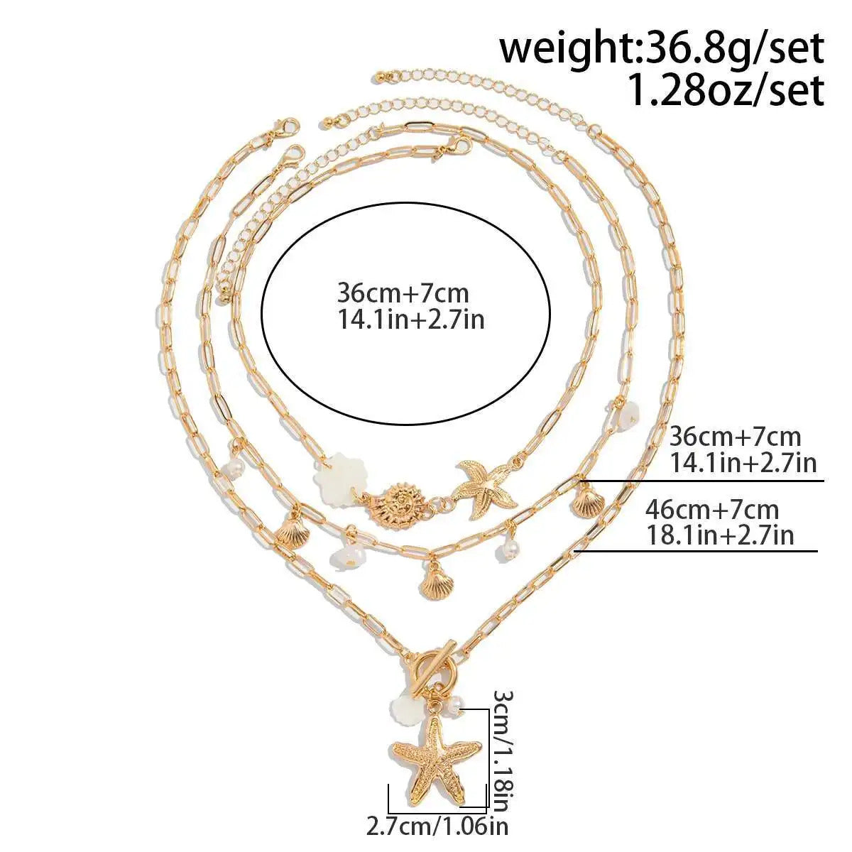 PuRui Trendy Exquisite Round Imitation Pearl Necklace for Women Conch Starfish Pendant 3Pcs/Set Metal Clavicle Chain Jewelry