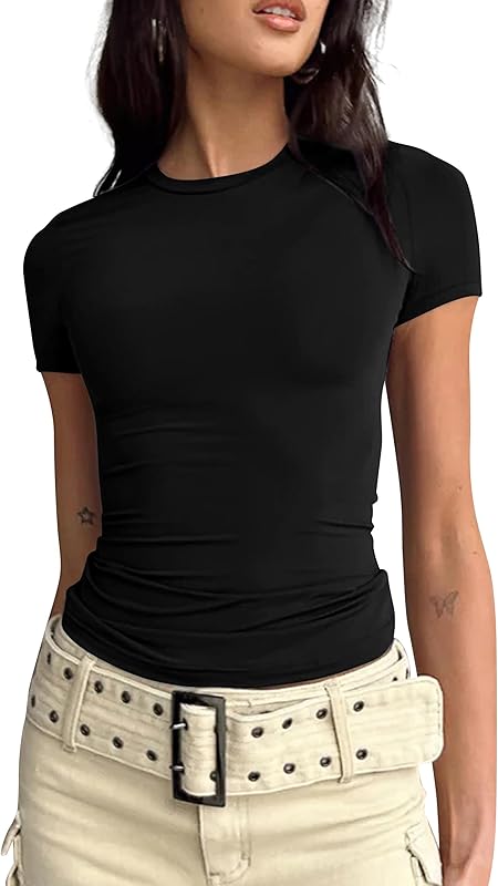 Women’s Basic Slim fit Crop Top Tee Shirt Short Sleeve Workout Round Neck Cropped Tshirt