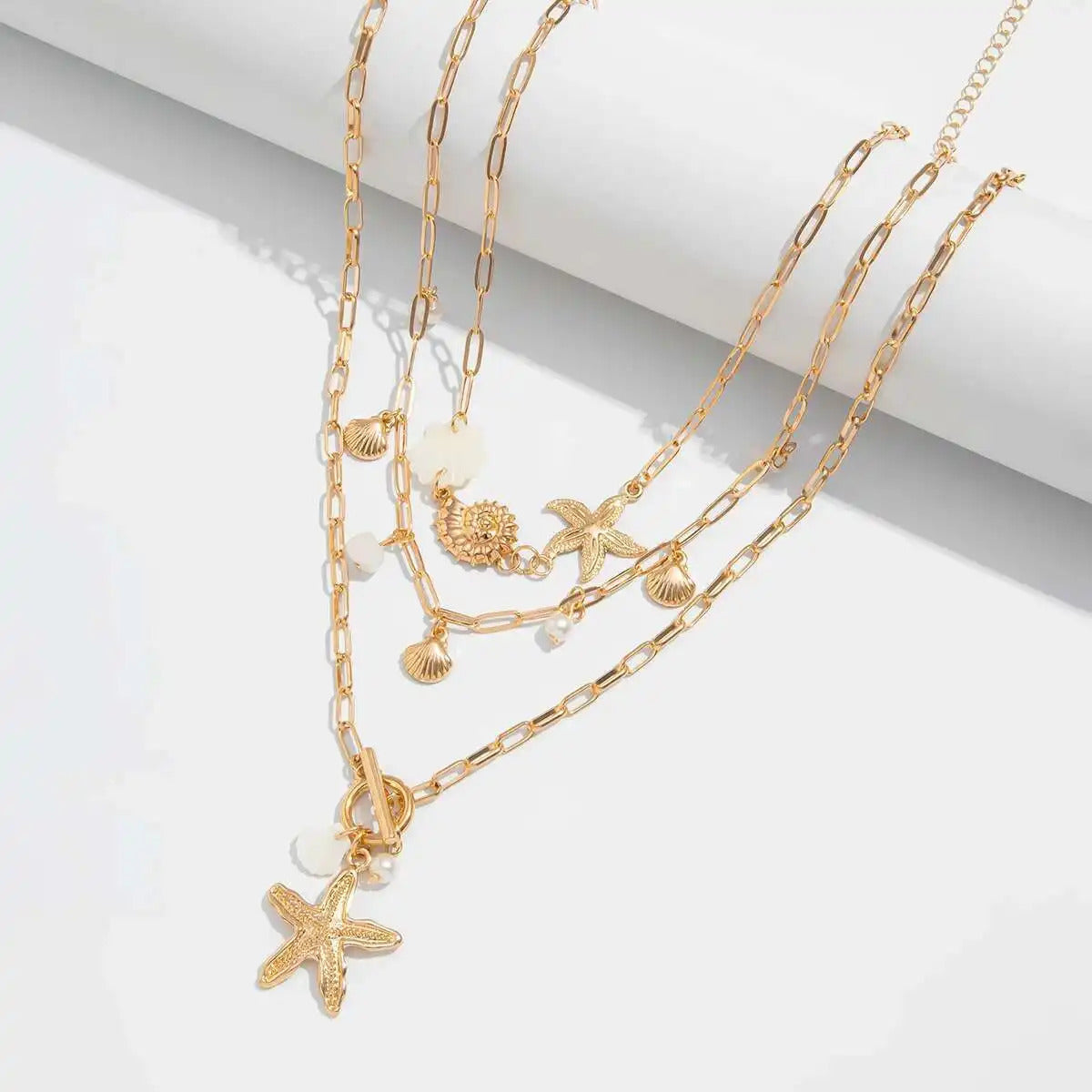 PuRui Trendy Exquisite Round Imitation Pearl Necklace for Women Conch Starfish Pendant 3Pcs/Set Metal Clavicle Chain Jewelry