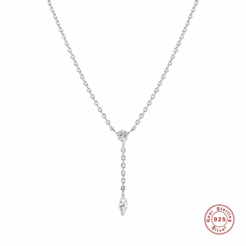Aide 925 Sterling Silver Thin Slim Chain Necklace With Clear Zircon Pendant For Women Y Shape Clavicle Choker Wedding Jewelry