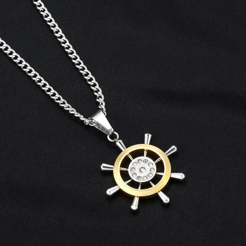 Retro Stainless Steel Steering Wheel Necklace Hip-hop Men's Rhinestone Boat Rudder Pendants Couple Travel Party Jewelry Gift