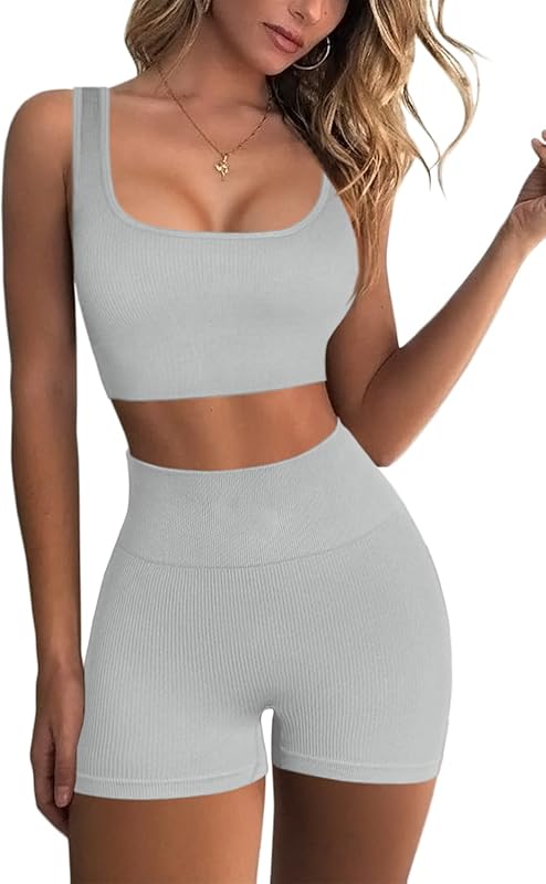 Workout Sets for Women 2 Piece Seamless Ribbed Crop Tank High Waist Shorts Yoga Outfits