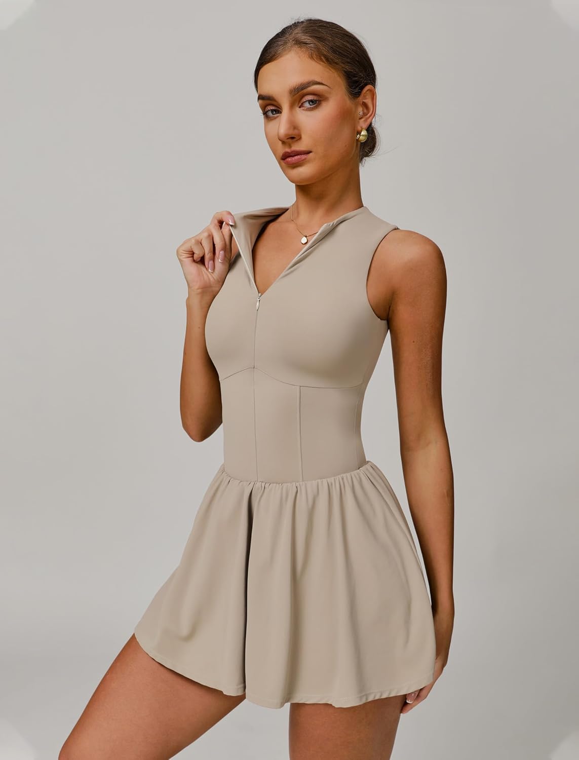 Womens Tennis Golf Dress with Built-in Bra Shorts Zipper Slim Fit A-line Hem Skirt Athletic Dresses with Pockets