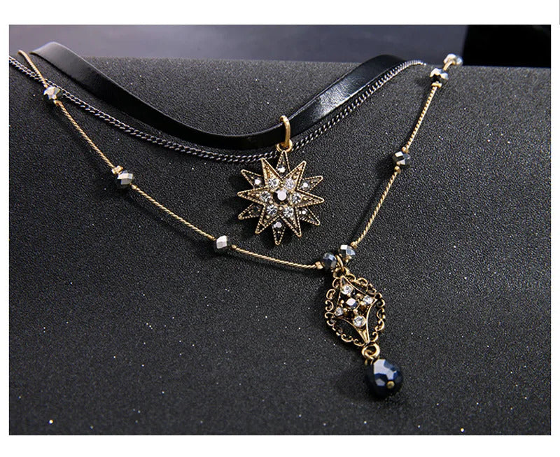 Women Necklace Multi 3 Layer Gothic PU Leather Choker Vintage Chain Metal Stone Star Cross Drop Pendant Lady Separated Necklaces
