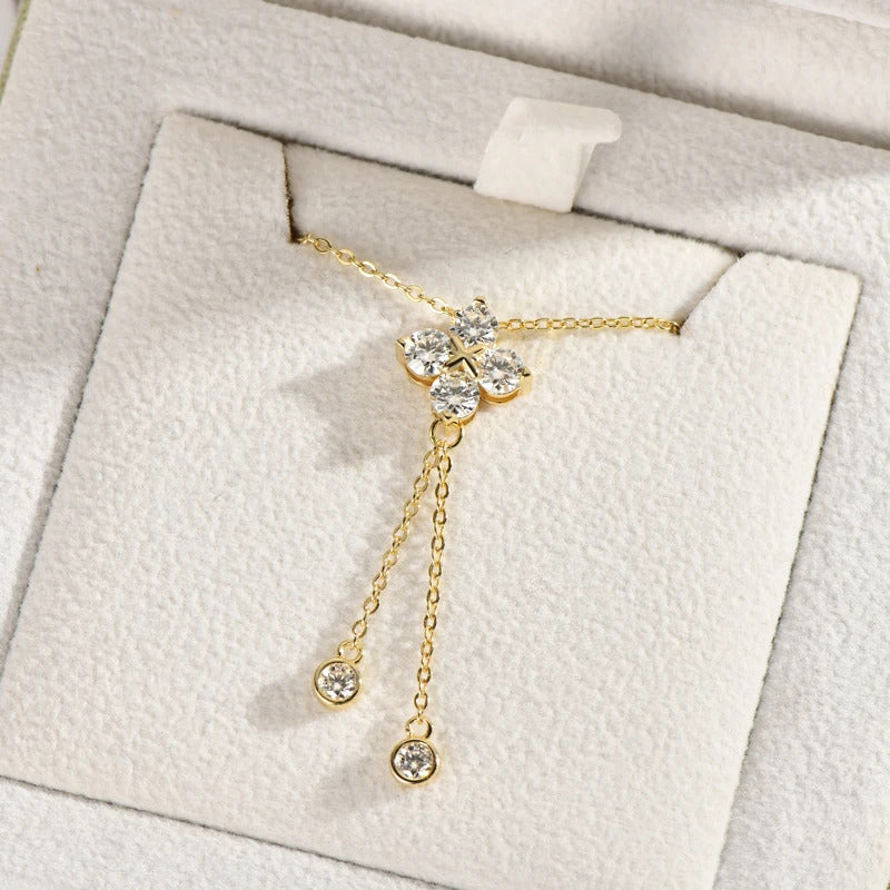 Lnngy 4mm&3mm Moissanite Diamond Necklace With GRA For Women 925 Sterling Silver Four Leaf Clover Tassel Pendant Necklaces Gift