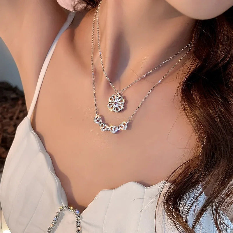 Classic Two Kinds of Wear Fashion Fold Love Heart Pendant Necklace for Women Inlaid Zircon Lucky Jewelry Girls Wendding Gift