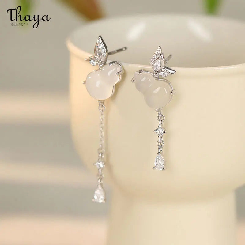 Thaya S925 Sterling Silver Women Earrings Chinese Style Pendant Earrings 14K Gold Plated Romantic Elegance Chalcedony Jewelry