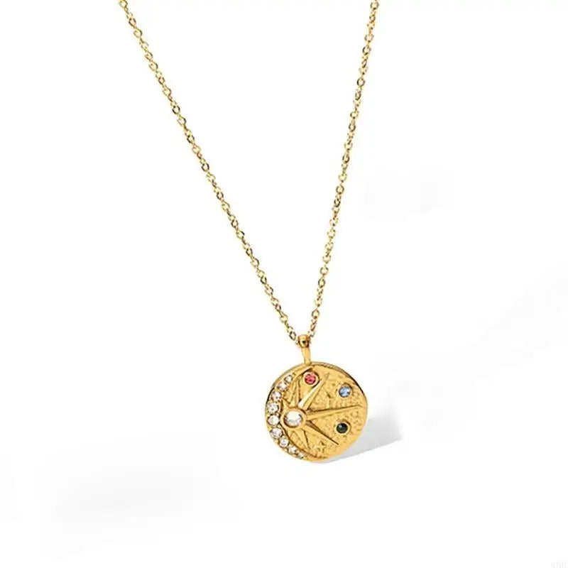 87HC Vintage Pendant Necklace Stainless Steel Neckchain with Cubic Zirconia