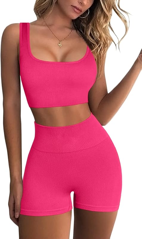 Workout Sets for Women 2 Piece Seamless Ribbed Crop Tank High Waist Shorts Yoga Outfits
