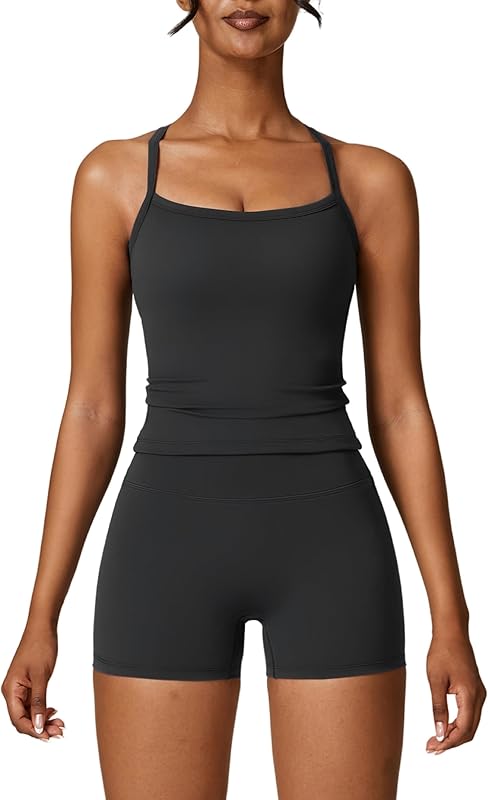 Workout Sets for Women 2 Piece Padded Sports Bra Tank High Waist Booty Gym Shorts Active Yoga Outfits