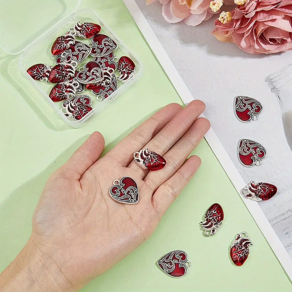 OLYCRAFT 1 Box 24 Pieces 2 Styles Alloy Enamel Pendant, Heart Pendant, Silver 24~25x16~20x2~4mm, Hole Diameter: 2.2~2.5mm, Each Style 12 Pieces