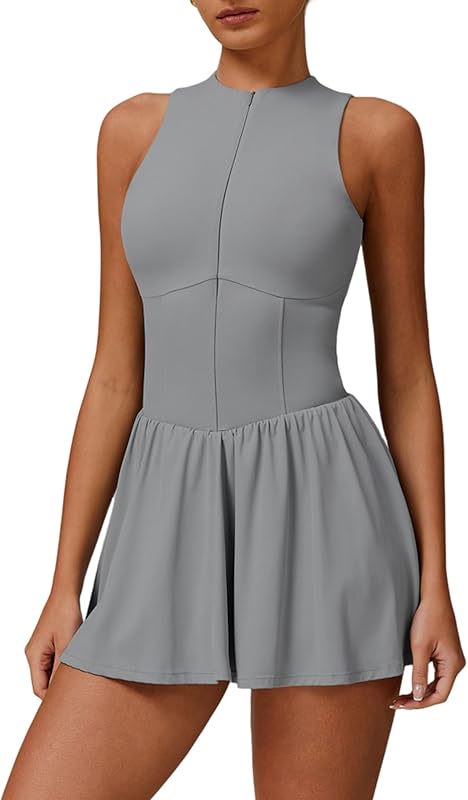 Womens Tennis Golf Dress with Built-in Bra Shorts Zipper Slim Fit A-line Hem Skirt Athletic Dresses with Pockets