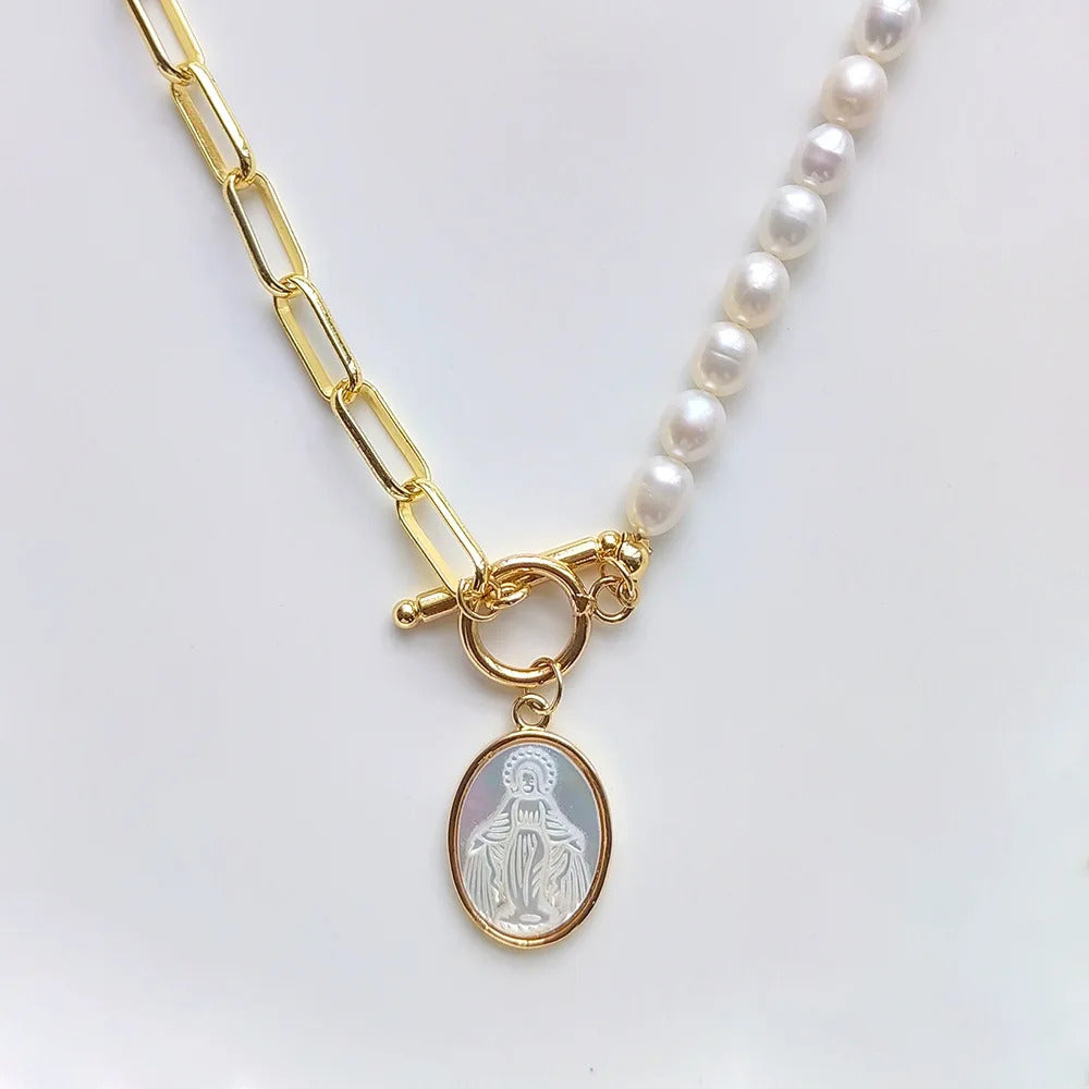 5Pcs Virgin Mary Pendant Necklace Choker Gold Plated Paperclip Link Chain Jewelry for Women Good Natural Pearl Necklaces Femme