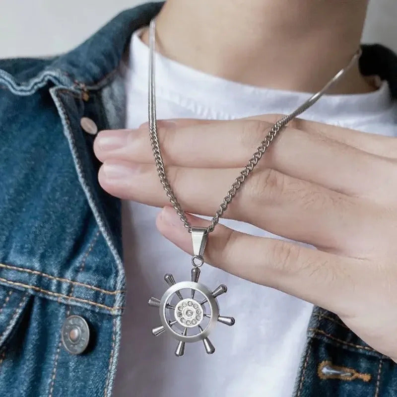 Retro Stainless Steel Steering Wheel Necklace Hip-hop Men's Rhinestone Boat Rudder Pendants Couple Travel Party Jewelry Gift