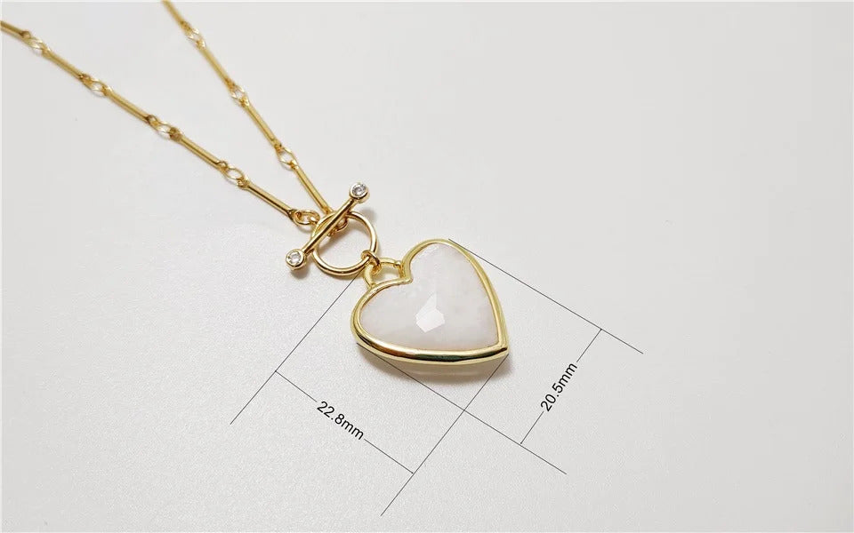 FUWO Wholesale Natural Moonstone Necklace,Love Heart Shaped White Quartz With 17"/22" Golden Stick OT Chain Jewelry 5 Pcs NC477