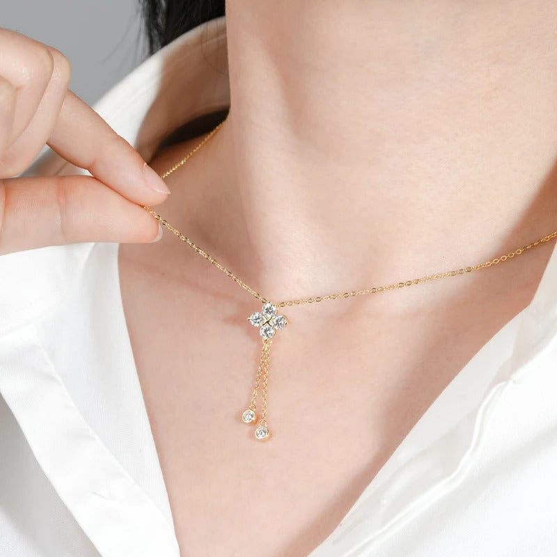Lnngy 4mm&3mm Moissanite Diamond Necklace With GRA For Women 925 Sterling Silver Four Leaf Clover Tassel Pendant Necklaces Gift