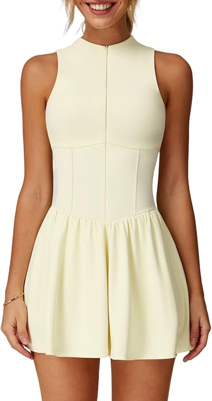 Womens Tennis Golf Dress with Built-in Bra Shorts Zipper Slim Fit A-line Hem Skirt Athletic Dresses with Pockets