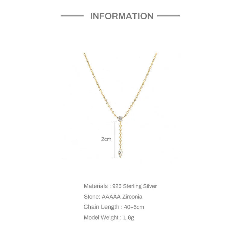Aide 925 Sterling Silver Thin Slim Chain Necklace With Clear Zircon Pendant For Women Y Shape Clavicle Choker Wedding Jewelry