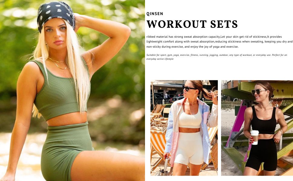 Workout Sets for Women 2 Piece Seamless Ribbed Crop Tank High Waist Shorts Yoga Outfits