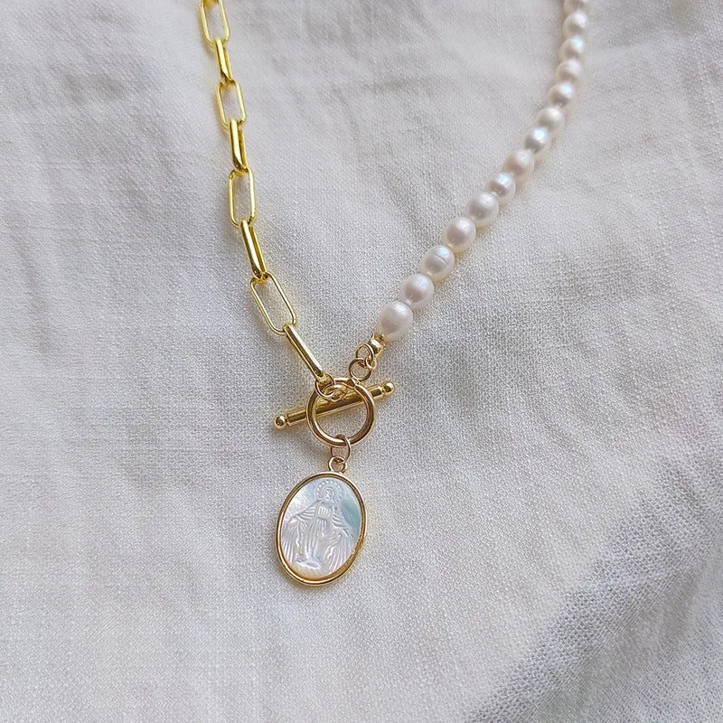 5Pcs Virgin Mary Pendant Necklace Choker Gold Plated Paperclip Link Chain Jewelry for Women Good Natural Pearl Necklaces Femme