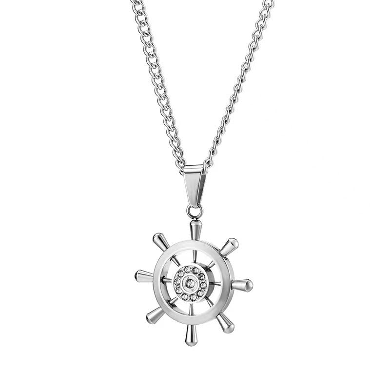 Retro Stainless Steel Steering Wheel Necklace Hip-hop Men's Rhinestone Boat Rudder Pendants Couple Travel Party Jewelry Gift