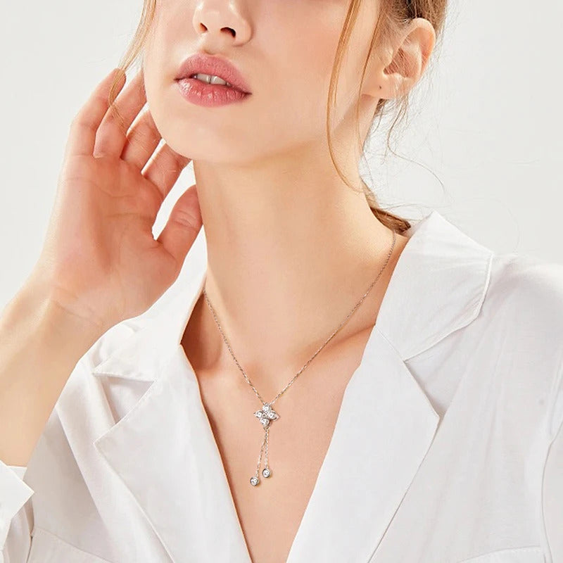 Lnngy Niche Light Tassel Pendant Moissanite Necklace 925 Sterling Silver Four-leaf Flower Necklaces for Women 2024 Trend Jewelry