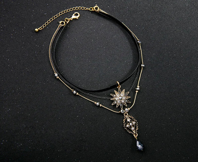 Women Necklace Multi 3 Layer Gothic PU Leather Choker Vintage Chain Metal Stone Star Cross Drop Pendant Lady Separated Necklaces