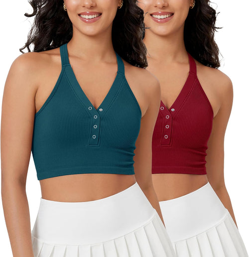 2-Pack Seamless Henley Crop for Women Open Back Ribbed Tank Button-up Cropped Top