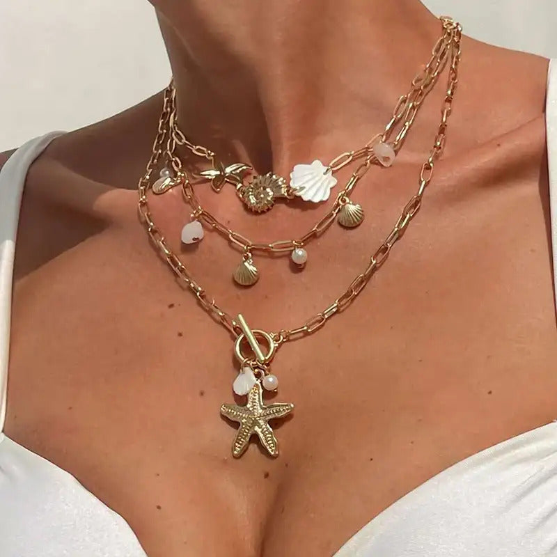 PuRui Trendy Exquisite Round Imitation Pearl Necklace for Women Conch Starfish Pendant 3Pcs/Set Metal Clavicle Chain Jewelry