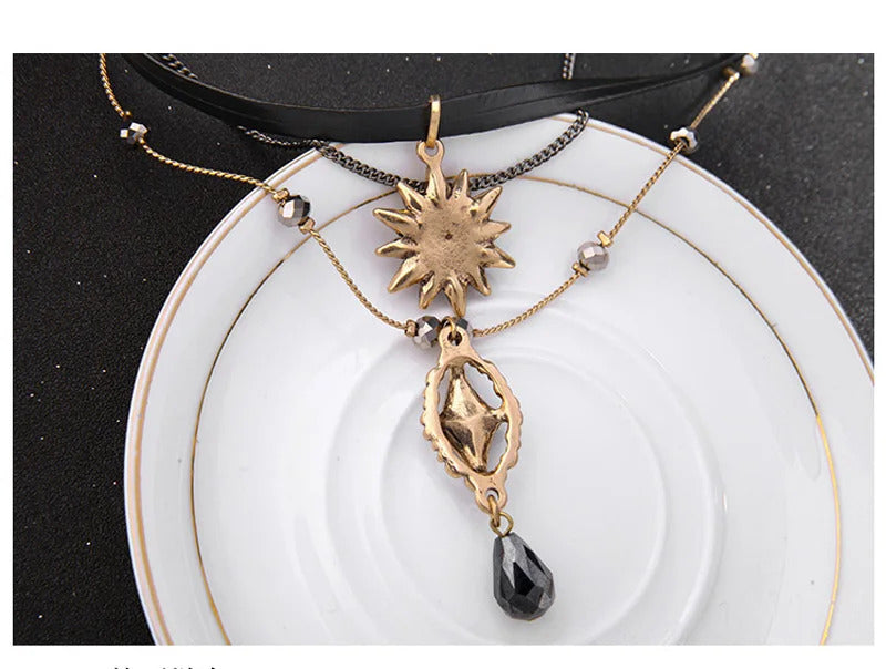 Women Necklace Multi 3 Layer Gothic PU Leather Choker Vintage Chain Metal Stone Star Cross Drop Pendant Lady Separated Necklaces