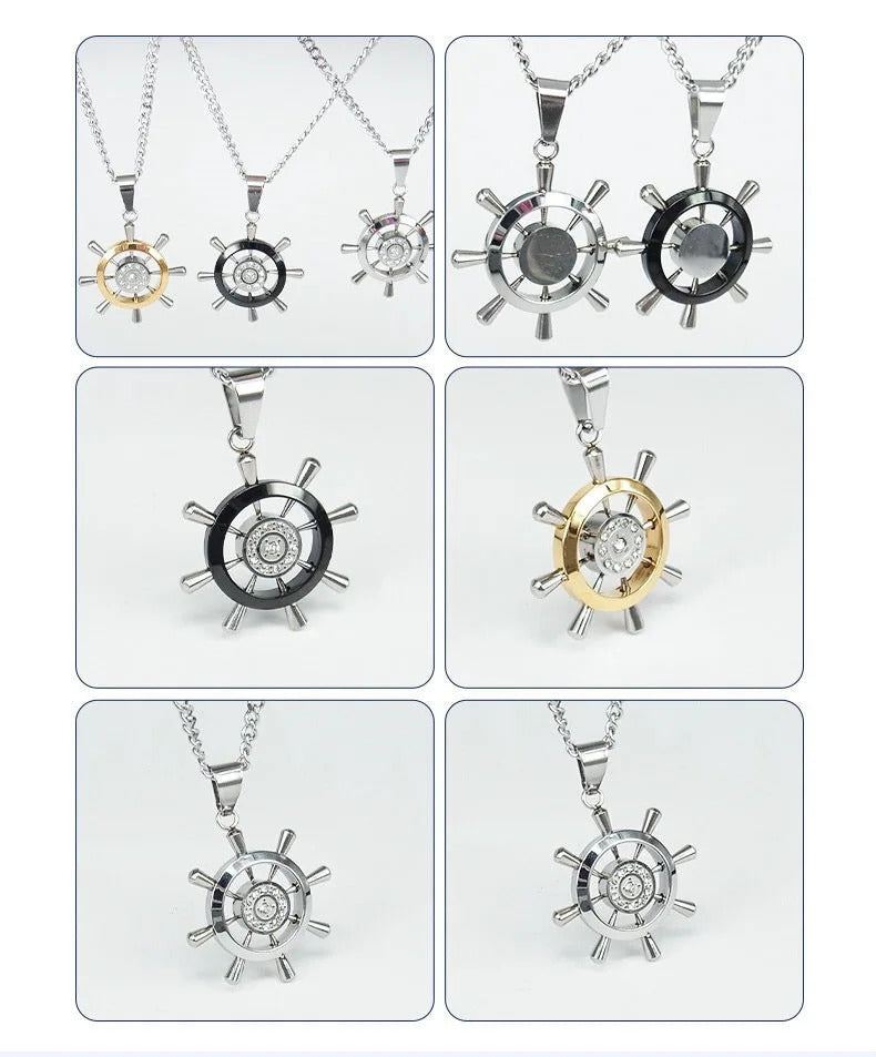 Retro Stainless Steel Steering Wheel Necklace Hip-hop Men's Rhinestone Boat Rudder Pendants Couple Travel Party Jewelry Gift