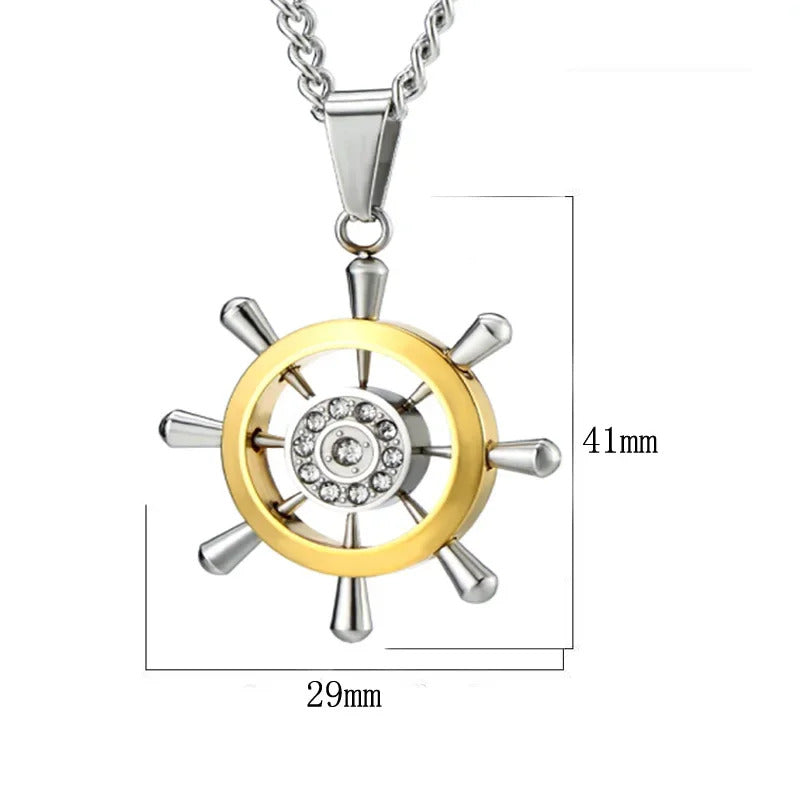 Retro Stainless Steel Steering Wheel Necklace Hip-hop Men's Rhinestone Boat Rudder Pendants Couple Travel Party Jewelry Gift